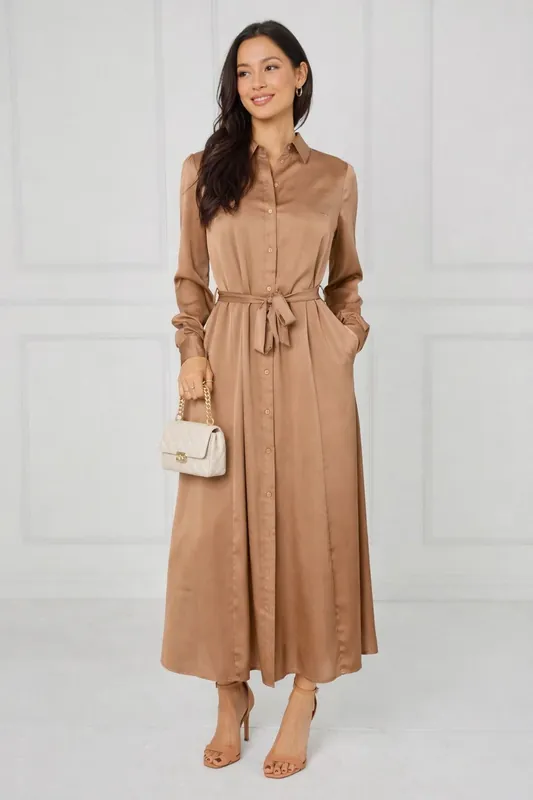 Caramel Velvety Satin Maxi Shirt Dress - Love Sunshine
