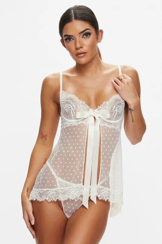 Bridal Bon Bon Flocked Heart Babydoll 2 Piece Lingerie Set - Ann Summers