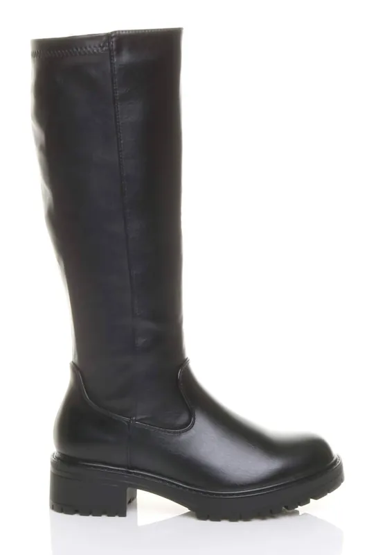 Chunky Sole Zip Stretchy Elastic Riding Calf Boots - AJVANI