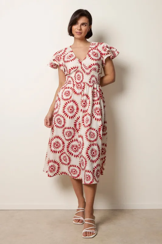 Cream and Red V Neck Frill Sleeve Printed Midi Dress - Blue Vanilla