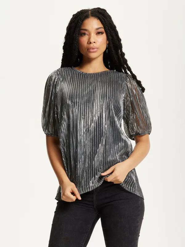 Metallic Pleated Puff Sleeve Top - Liquorish