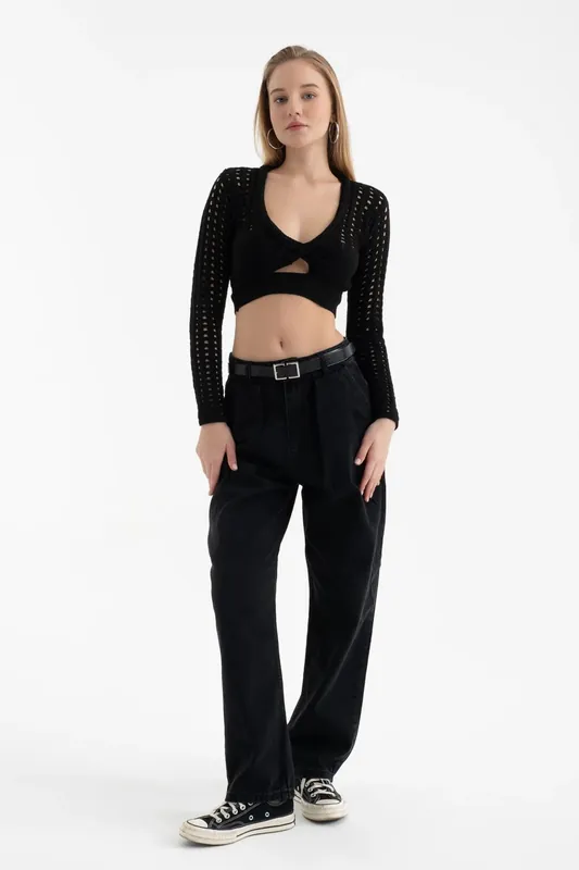 Scoop Neck Knitted Cut Out Long Sleeve Crochet Blouse - Hiccup