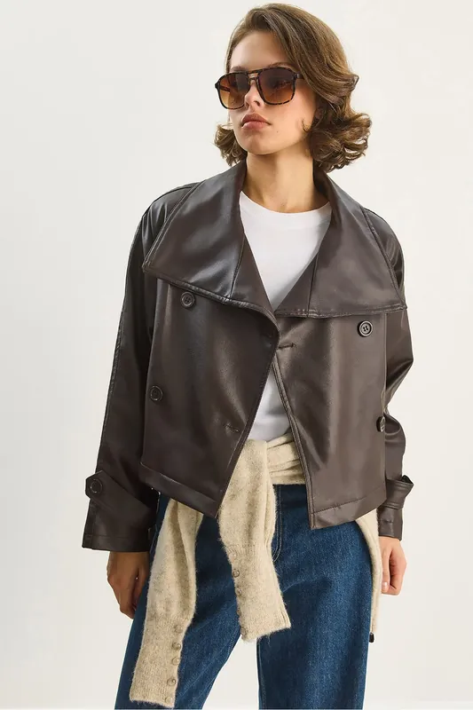 Oversized Faux Leather Jacket with Button Closure - Bianco Lucci