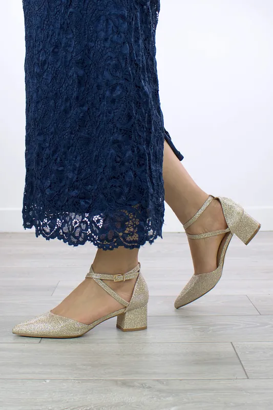 Mid Heel Glitter Pointed Toe Evening Party Court Shoes - AJVANI