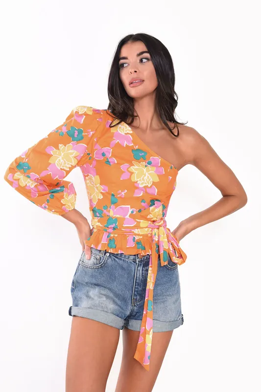 One Shoulder Tie Top in Orange Floral - Shnoo