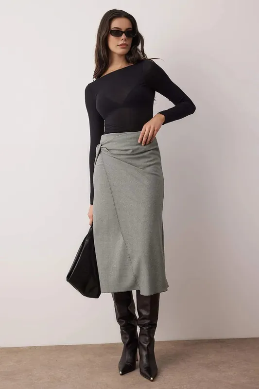 Wrap Front Midi Woven Skirt with Tie Detail - WOVCOR