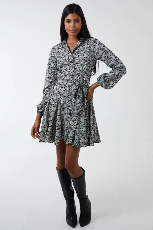 Shirt Mini Dress With Godet Hem & Tie - Blue Vanilla