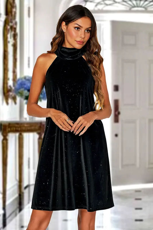 Silver Foil Velvet Halter Neck Tie Back Mini Dress In Black - FS Collection