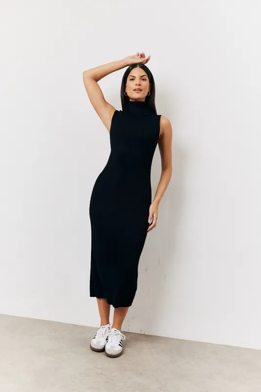 Black Fine Gauge Roll Neck Knit Co-Ord Midi Dress