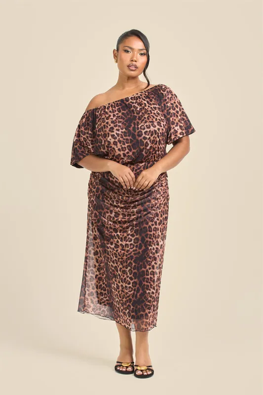 Curve Leopard Print Drop Shoulder Mesh Midi Dress - FASHION-SZN