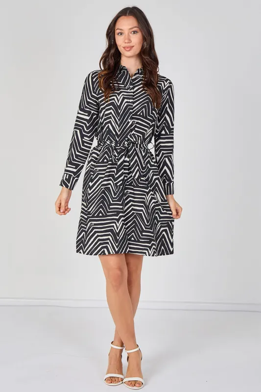 Black Geometric Print Long Sleeve Mini Shirt Dress - Love Sunshine