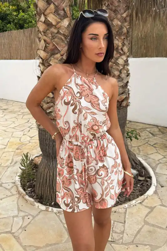 Multi Boho Floral Print Racer Neck Drawstring Playsuit - AX Paris
