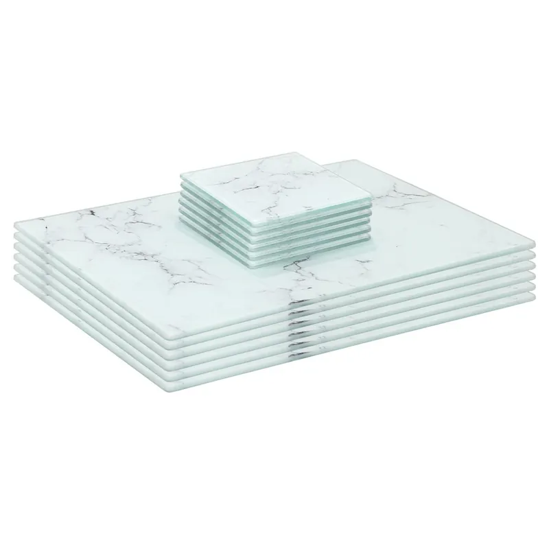 12pc Glass Placemats & Square Coasters Set - 30 x 20cm - Marble Effect