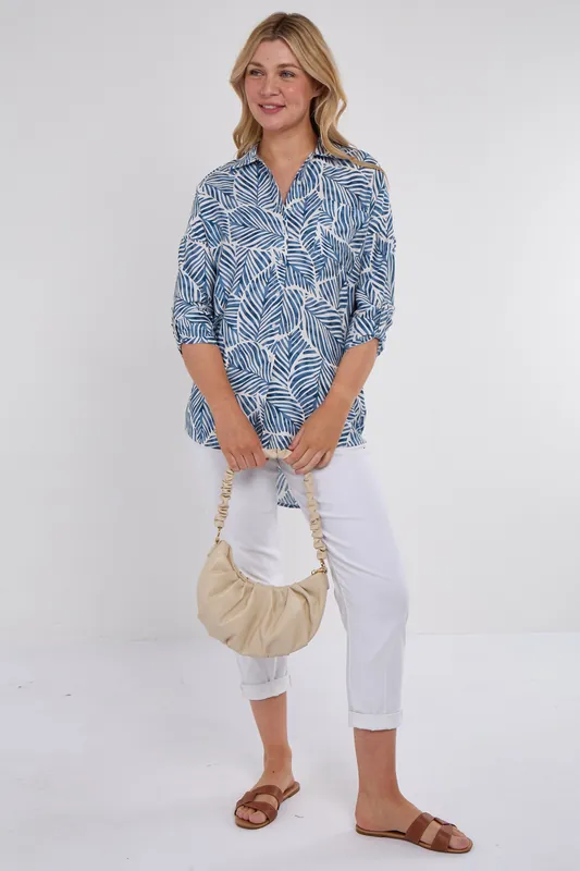 Blue Leaf Print Oversized Shirt - Love Sunshine