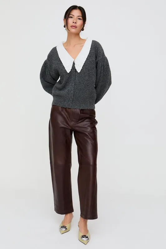 Suzzanna Embroidered Collar Cardigan In Charcoal Grey - Lily and Lionel