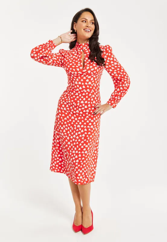 Heart Print Midi Dress In Red - Liquorish