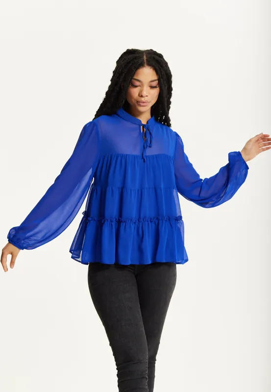 Royal Blue Tiered Long Sleeve Blouse - Liquorish