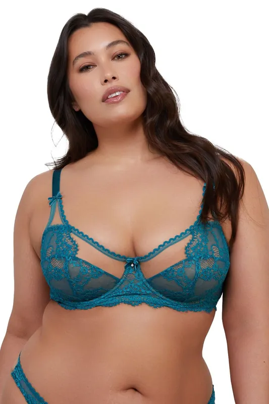 Phoebe Teal Eyelash Lace 'Balconette Bra' - Playful Promises