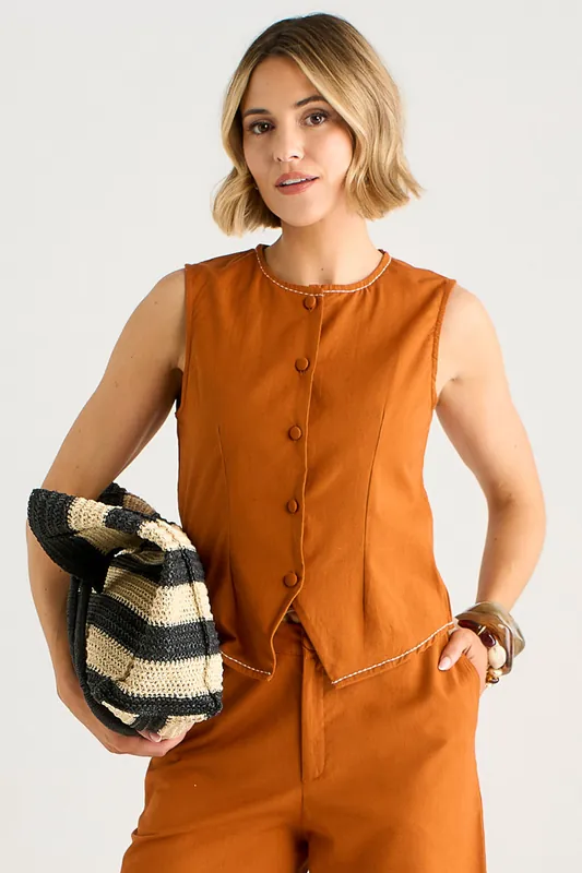Rust Cotton Contrast Stitch Detail Waist Coat - Gini London