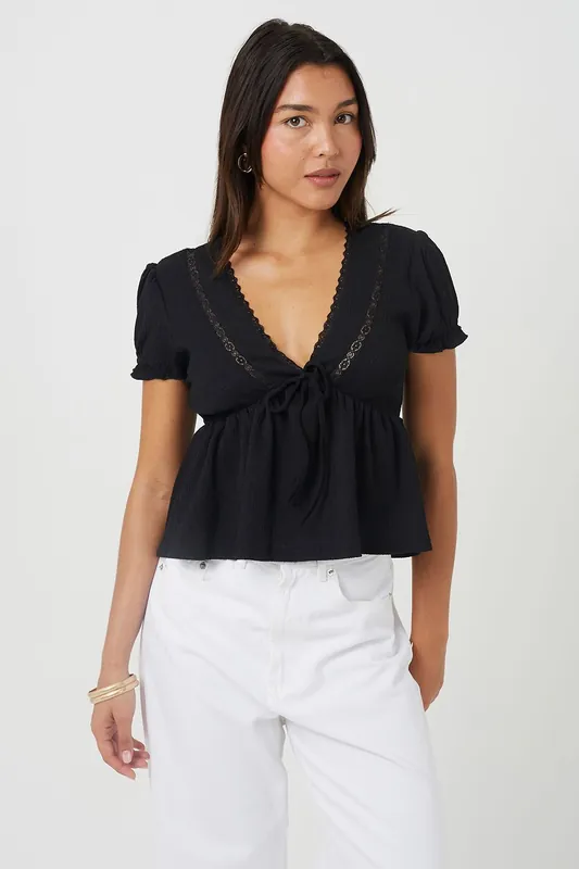 Bow Detail V-Neck Short Sleeve Top