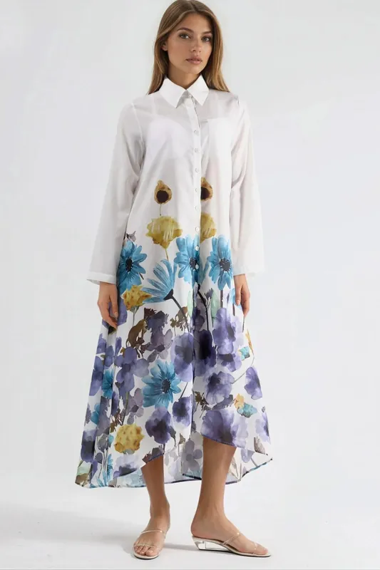 Floral Maxi Dress with Shirt Collar and Button Closure - MSN Collection