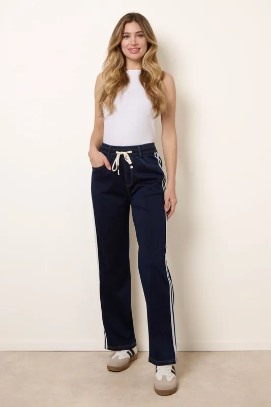 Navy Side Stripe Jeans With Drawstring - Blue Vanilla