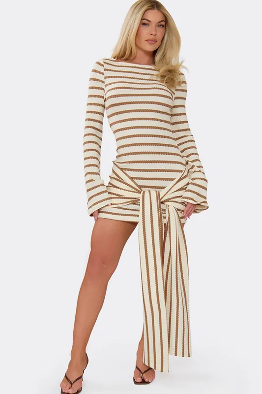 Long Sleeve Striped Textured Mini Dress - EGO