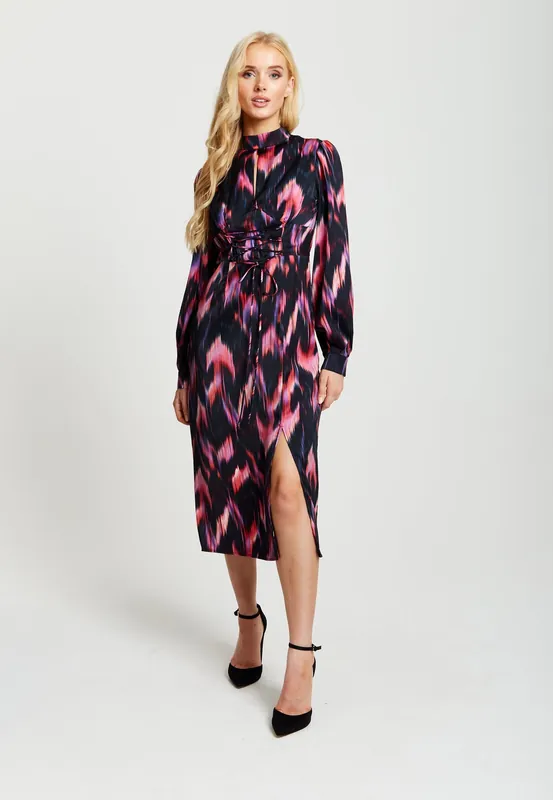 Abstract Ikat Print Midi Lace Up Dress In Black And Pink - Liquorish