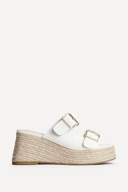 Impact White Faux Leather Double Buckle Espadrille Wedge Mule - Linzi
