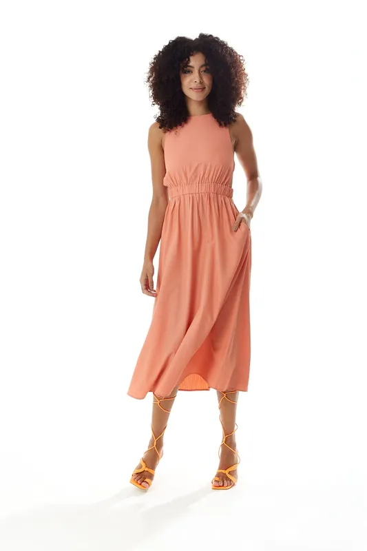 Orange Midi Dress with Open Back and Elasticated Waist - Liquorish