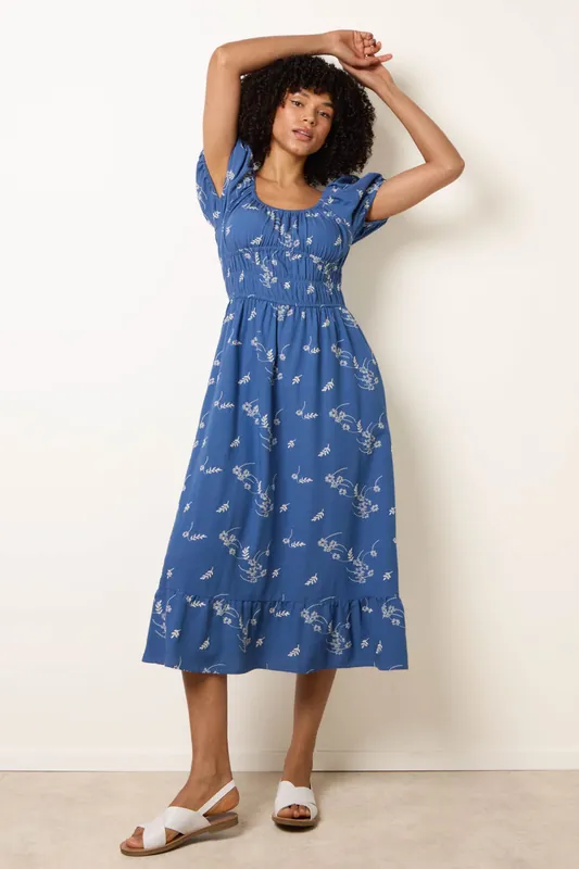 Blue Embroidery Milkmaid Midi Dress - Blue Vanilla
