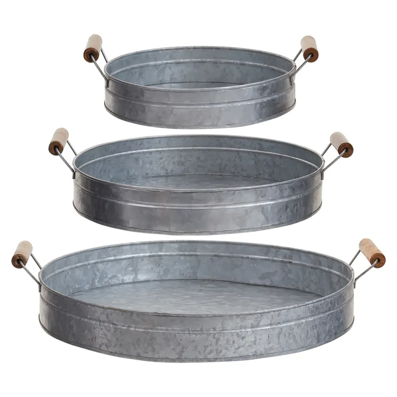 Set of 3 Galvanised Steel Trays, Round Metal Serving Tray Set With Wooden Handles, Stainless Platter - Orsina