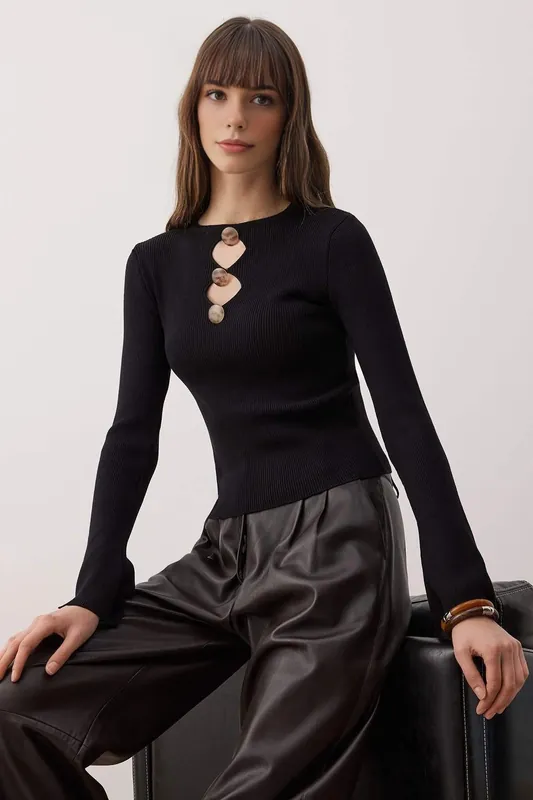 Cut Out Detail Button Front Ribbed Knit Sweater - WOVCOR