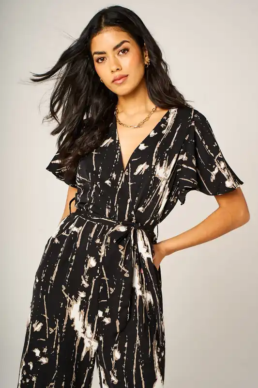 Abstract Pattern Wrap Top Jumpsuit with Wide Leg In Black - FS Collection