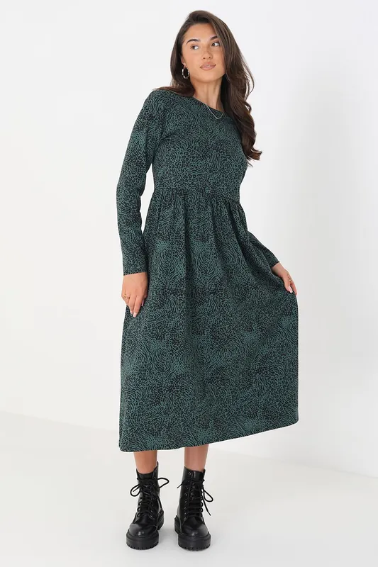 Cotton Animal Print Long Sleeve Midi Smock Dress - Brave Soul