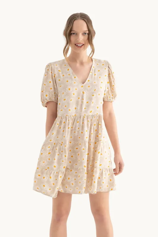 Floral V Neck Tiered Puff Sleeves Mini Dress - Hiccup