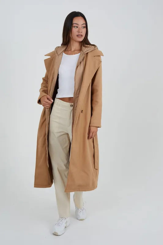 Faux Wool Maxi Hooded Trench Coat - Brave Soul