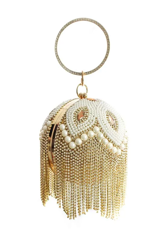 Floral Pattern Pearl Studded Ball Shape Evening Clutch Bag - Kitise