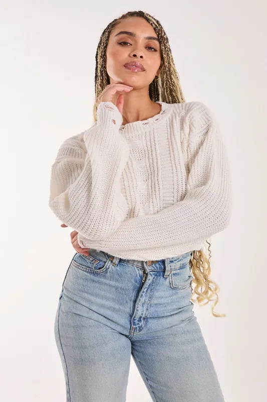 Distressed Cropped Knit Jumper - Pink Vanilla