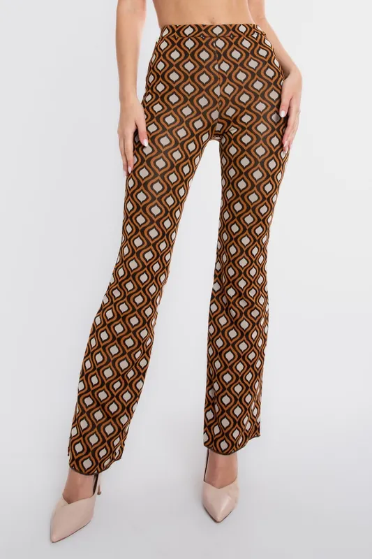 Geometric Mid Rise Elastic Waist Flare Trousers - Hiccup