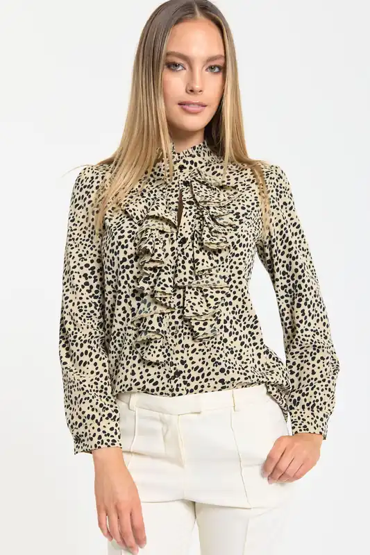 Leopard Frill Front Long Sleeve Blouse - Liquorish