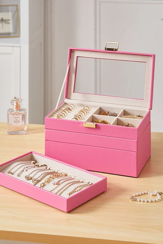 4-Tier PU Leather Stackable Jewellery Storage Box with Transparent Lid