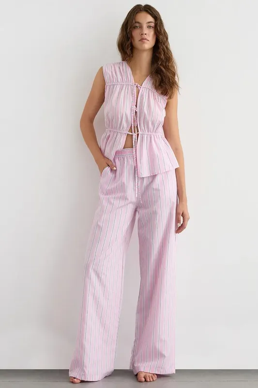 Wide Leg Striped Pants with Elastic Waist - Hiccup