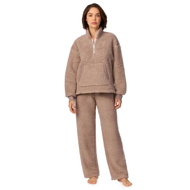 Long Sleeve 1/2 Zip Top and Pant Sleep Set in City Stone Sherpa - DKNY