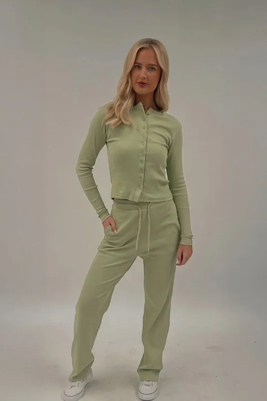Ribbed Button Detail Crop Top and Wide Leg Trouser Co-ord