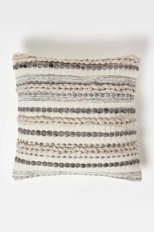 Fyn Handwoven Braided Beige & Grey Kilim Cushion - Homescapes