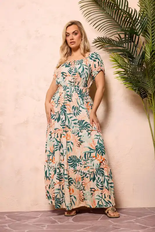Leaf Tie Neck Bardot Maxi Dress - Yours