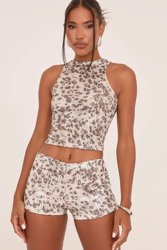 Sleeveless High Neck Sequin Leopard Print Crop Top - EGO