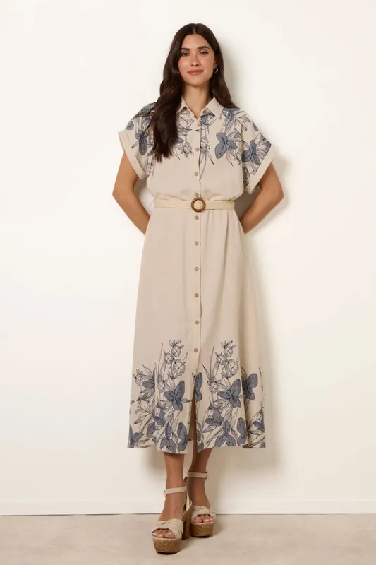 Off White Printed Linen Belted Dress - Blue Vanilla