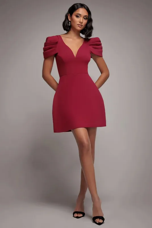 Plunging Neck Pleated Sleeve Scuba Mini Dress - Goddiva